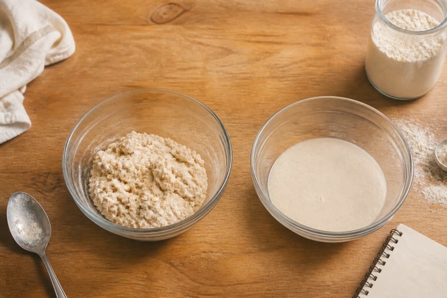 Biga compacta y grumosa junto a un poolish líquido