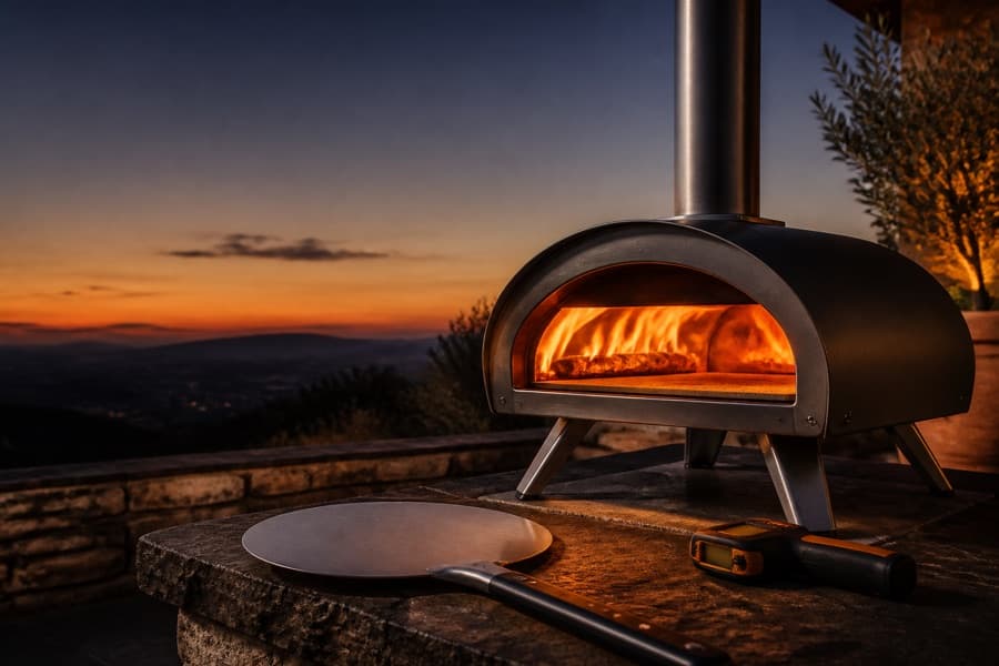 Horno de pizza de gas encendido en una terraza