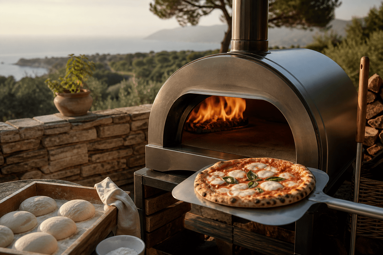 Horno de pizza italiano de gama alta junto a bolas de masa y leña