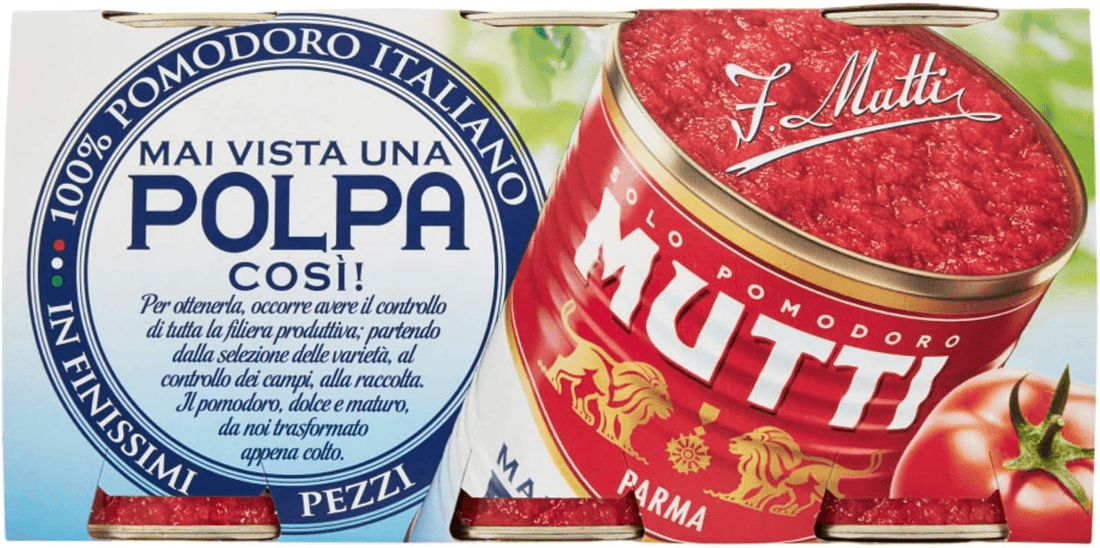 Pack de latas Mutti Polpa con tomate picado fino visible