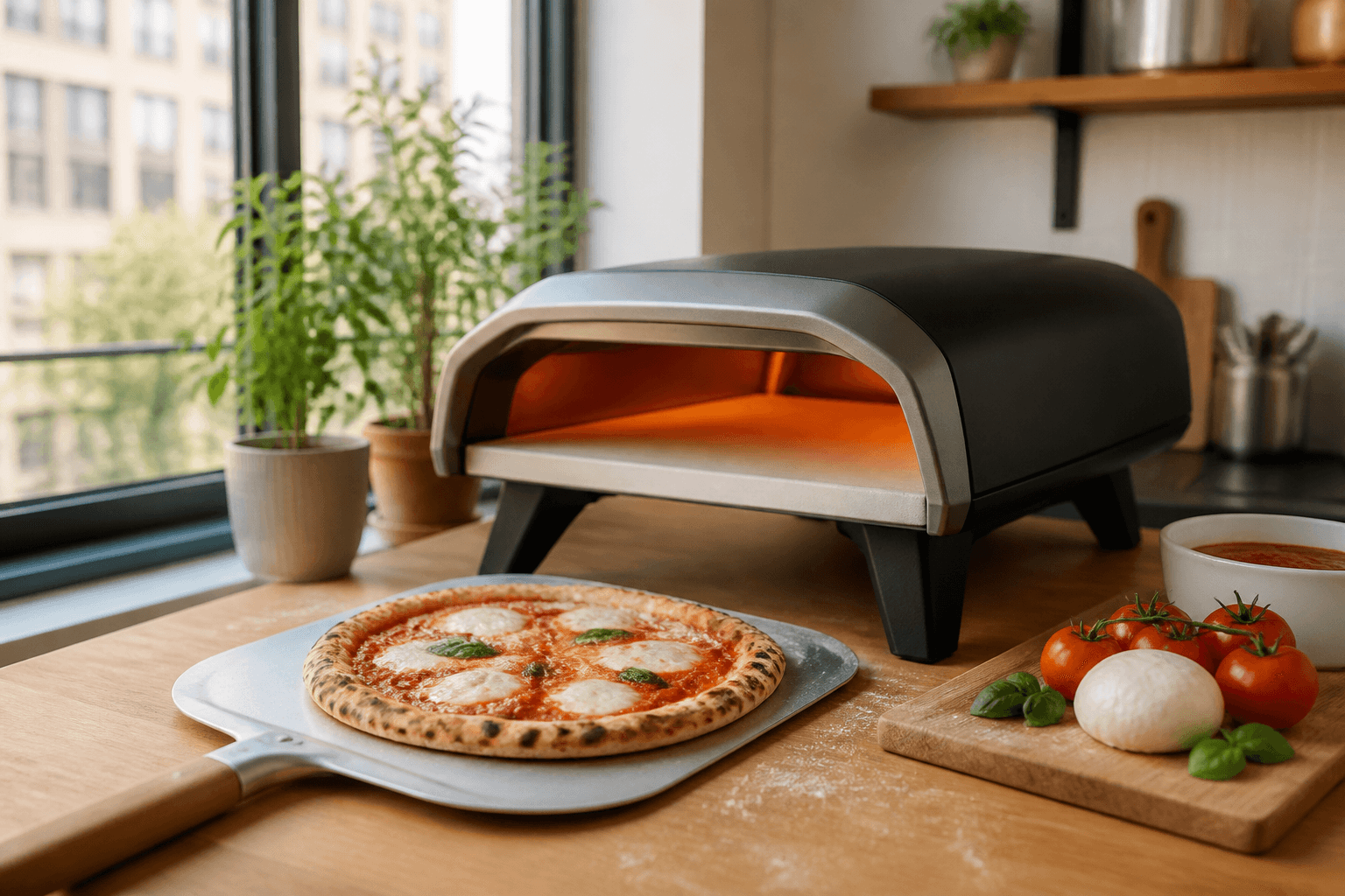 Horno compacto de pizza para una cocina doméstica de espacio reducido