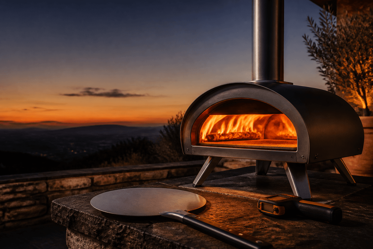 Horno de pizza de gas con llama lateral en una terraza doméstica