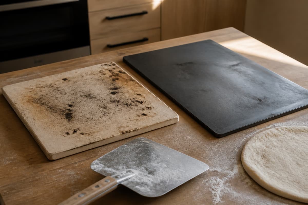 Piedra refractaria y plancha de acero usadas sobre una mesa de cocina junto a una pala.