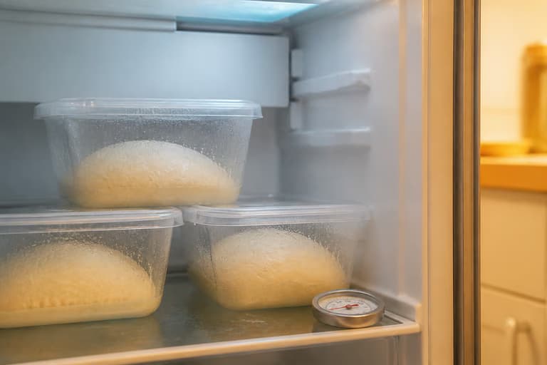 Tres recipientes con bolas de masa fermentando dentro de un frigorífico doméstico.