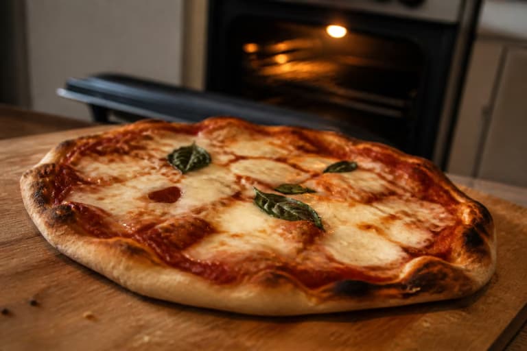 Pizza de tomate y mozzarella recién horneada frente a un horno doméstico abierto.