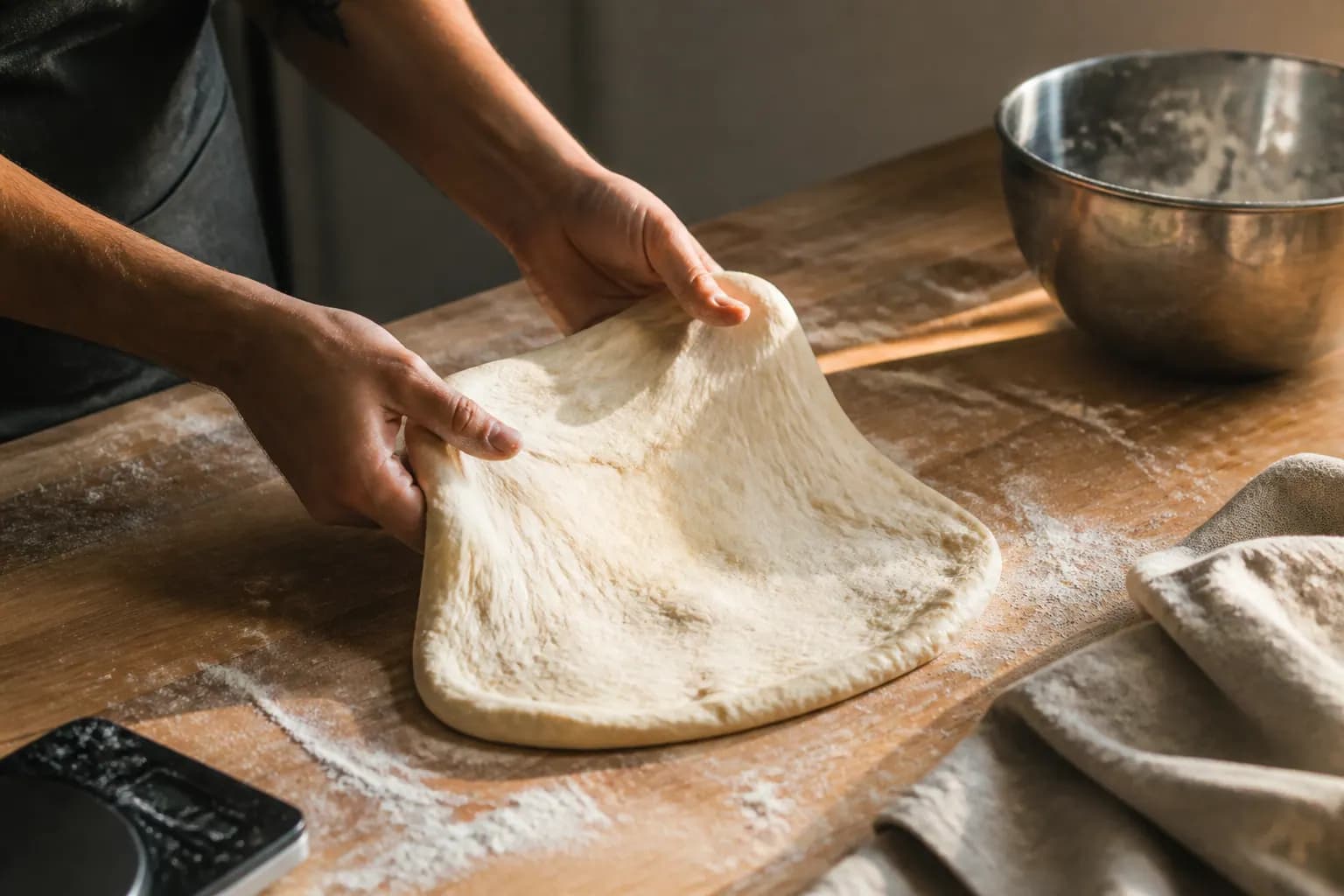 Dos manos estiran una masa de pizza hidratada sobre una mesa de madera con harina.